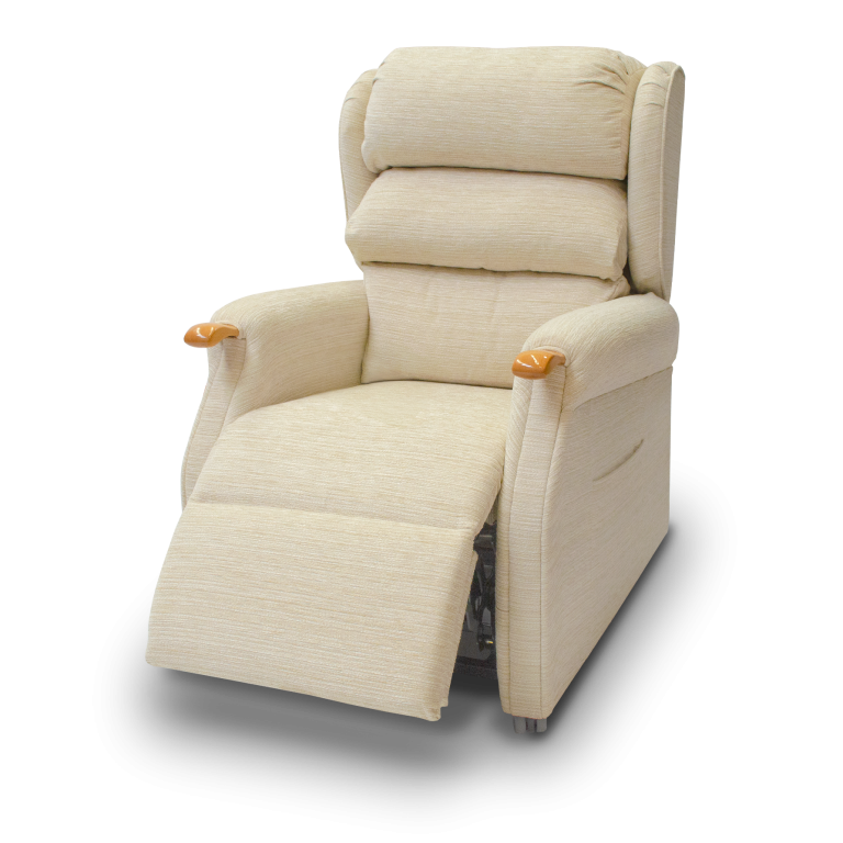 Light coloured Rise and recliner chair with wooden knuckles legs slightly raised 