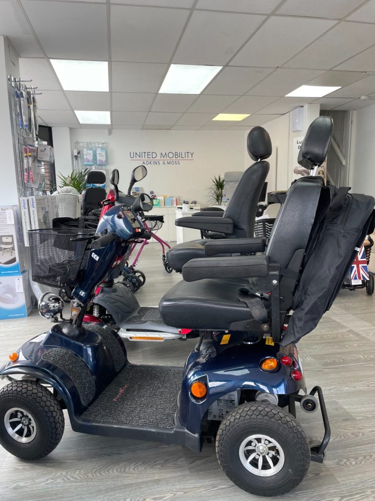 Mobility scooters lined up at United mobility show room