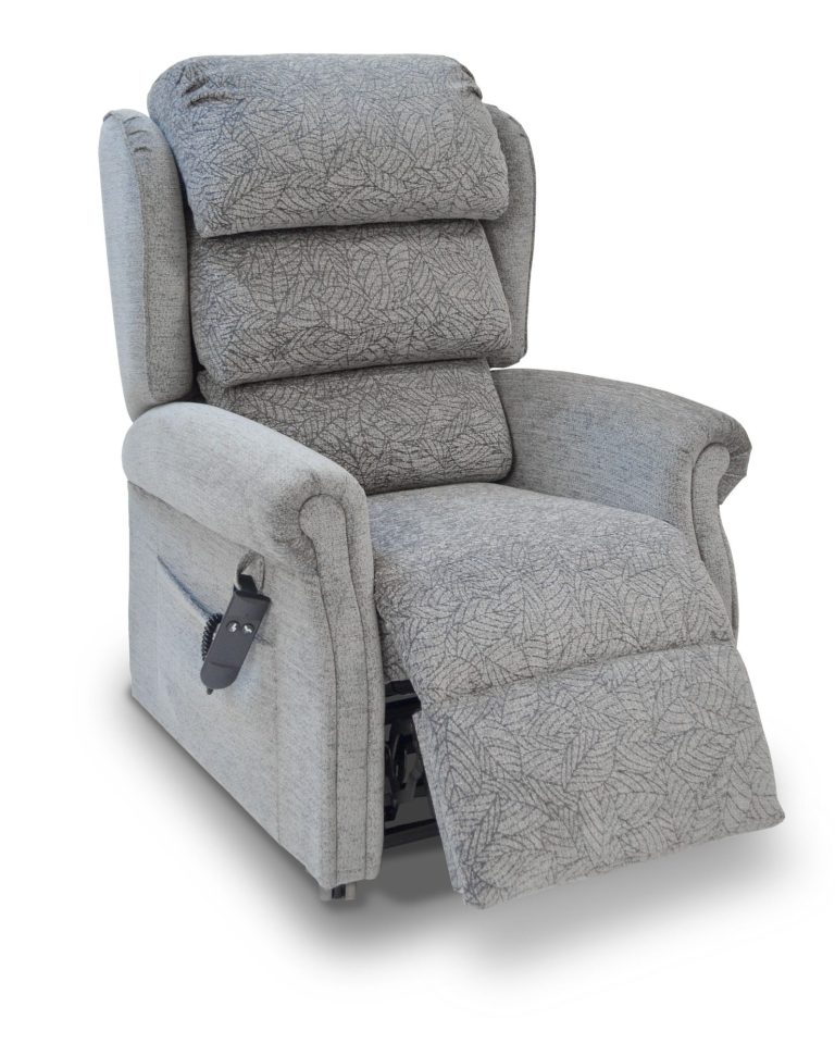 Grey Rise and recliner chair with legs slightly raised 