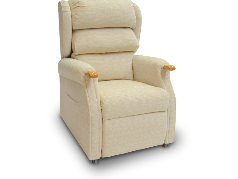 Light coloured Rise and recliner chair with wooden knuckles 