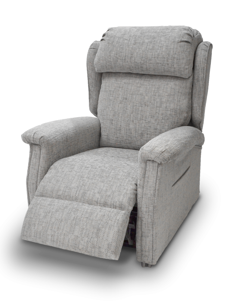 Grey Rise and recliner chair with legs slightly raised 