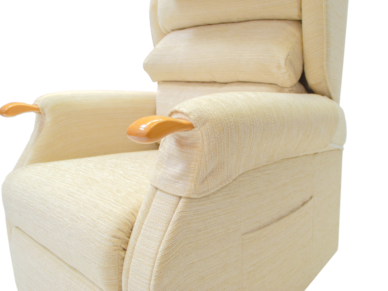 Light coloured Rise and recliner chair with wooden knuckles 