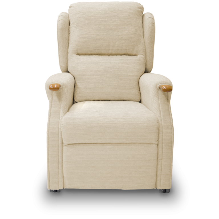 Light coloured Rise and recliner chair with wooden knuckles 